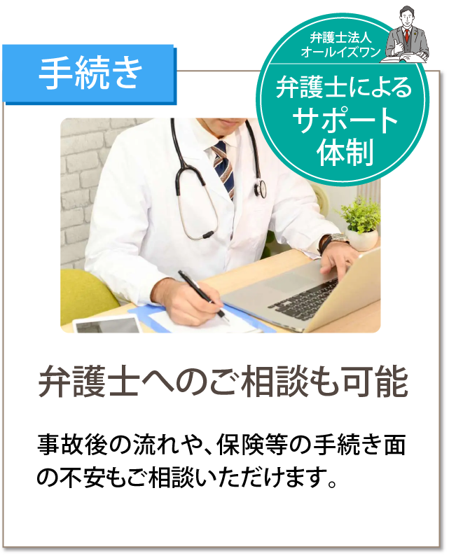 手続き｜弁護士へのご相談も可能：事故後の流れや、保険等の手続き面の不安もご相談いただけます。弁護士法人オールイズワンによるサポート体制。